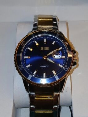 BiBi Quartz Diver Style Date Watch Blue Dial Silver Case Silver Gold Band New